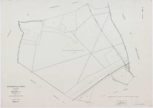 ANGERVILLIERS, plans minutes de conservation : tableau d'assemblage,1934, Ech. 1/10000 ; plans des sections A1B, A2, B1B, B2, 1934, Ech. 1/2500, sections A1A, B1A, 1934, Ech. 1/1250, section ZA, 1978, Ech. 1/2000. Polyester. N et B. Dim. 105 x 80 cm [8 pl