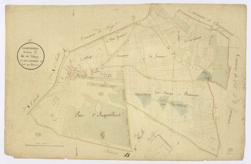 ANGERVILLIERS. - Section B - Village (le), 1, ech. 1/2500, coul., aquarelle, papier, 66x101 (1826). 