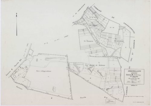 ANGERVILLIERS, plans minutes de conservation : tableau d'assemblage,1934, Ech. 1/10000 ; plans des sections A1B, A2, B1B, B2, 1934, Ech. 1/2500, sections A1A, B1A, 1934, Ech. 1/1250, section ZA, 1978, Ech. 1/2000. Polyester. N et B. Dim. 105 x 80 cm [8 pl