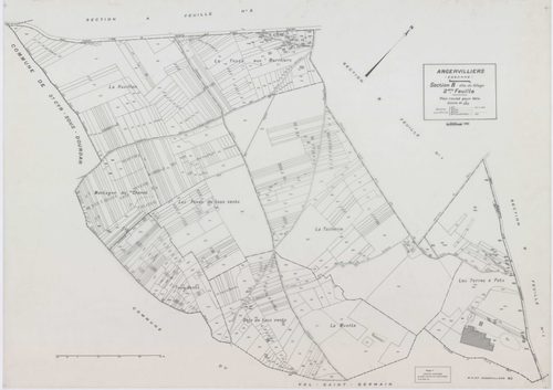 ANGERVILLIERS, plans minutes de conservation : tableau d'assemblage,1934, Ech. 1/10000 ; plans des sections A1B, A2, B1B, B2, 1934, Ech. 1/2500, sections A1A, B1A, 1934, Ech. 1/1250, section ZA, 1978, Ech. 1/2000. Polyester. N et B. Dim. 105 x 80 cm [8 pl