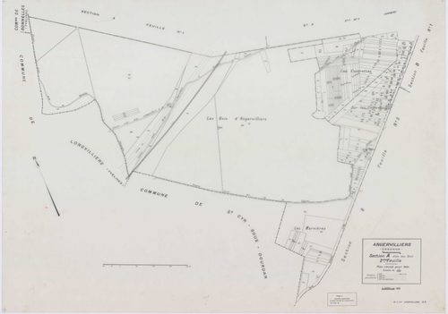 ANGERVILLIERS, plans minutes de conservation : tableau d'assemblage,1934, Ech. 1/10000 ; plans des sections A1B, A2, B1B, B2, 1934, Ech. 1/2500, sections A1A, B1A, 1934, Ech. 1/1250, section ZA, 1978, Ech. 1/2000. Polyester. N et B. Dim. 105 x 80 cm [8 pl