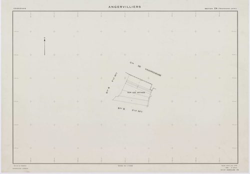 ANGERVILLIERS, plans minutes de conservation : tableau d'assemblage,1934, Ech. 1/10000 ; plans des sections A1B, A2, B1B, B2, 1934, Ech. 1/2500, sections A1A, B1A, 1934, Ech. 1/1250, section ZA, 1978, Ech. 1/2000. Polyester. N et B. Dim. 105 x 80 cm [8 pl
