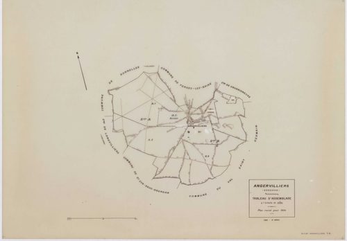 ANGERVILLIERS, plans minutes de conservation : tableau d'assemblage,1934, Ech. 1/10000 ; plans des sections A1B, A2, B1B, B2, 1934, Ech. 1/2500, sections A1A, B1A, 1934, Ech. 1/1250, section ZA, 1978, Ech. 1/2000. Polyester. N et B. Dim. 105 x 80 cm [8 pl
