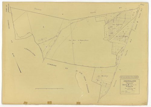 Plans minutes de conservation : ANGERVILLIERS : tableau d'assemblage, ech. 1/10000 (1934), sections A1, A2, ech. 1/2500, B1, ech. 1/1250, B2, ech. 1/2500 (1934) ; section B1, ech. 1/1250 (1934-1961) ; section ZA, ech. 1/2000 (1978), NB, papier, 105x80 [7 