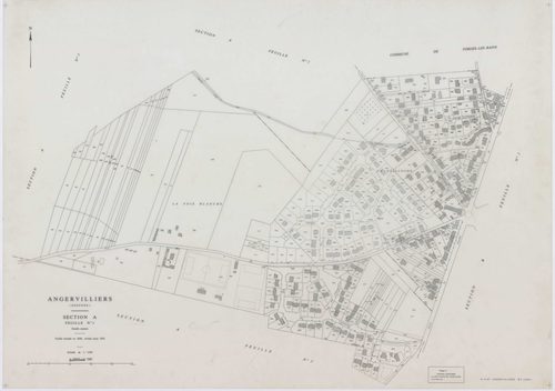 ANGERVILLIERS, plans minutes de conservation : tableau d'assemblage,1934, Ech. 1/10000 ; plans des sections A1B, A2, B1B, B2, 1934, Ech. 1/2500, sections A1A, B1A, 1934, Ech. 1/1250, section ZA, 1978, Ech. 1/2000. Polyester. N et B. Dim. 105 x 80 cm [8 pl