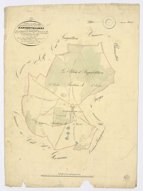 ANGERVILLIERS. - Plan d'assemblage, ech. 1/10000, coul., aquarelle, papier, 73x51 (1826). 