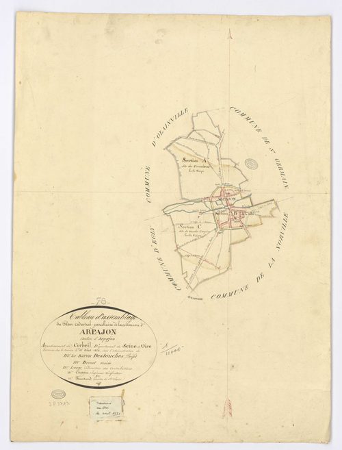 ARPAJON. - Plan d'assemblage, ech. 1/10000, coul., aquarelle, papier, 67x49 (1820). 