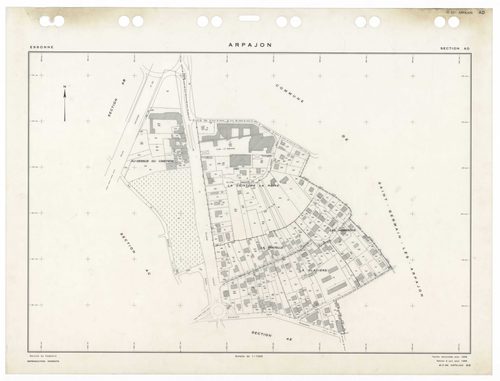 ARPAJON, plans minutes de conservation : tableau d'assemblage,1959, Ech. 1/5000 ; plans des sections AB, 1959, Ech. 1/2000, sections AC, AD, AE, AH, AI, AK, AL, 1959, Ech. 1/1000. Polyester. N et B. Dim. 105 x 80 cm [9 plans]. 
