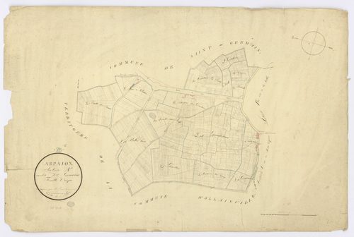 ARPAJON. - Section A - Grouaisons (les), ech. 1/2500, coul., aquarelle, papier, 67x99 (1820). 
