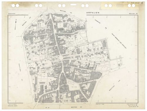 ARPAJON, plans minutes de conservation : tableau d'assemblage,1959, Ech. 1/5000 ; plans des sections AB, 1959, Ech. 1/2000, sections AC, AD, AE, AH, AI, AK, AL, 1959, Ech. 1/1000. Polyester. N et B. Dim. 105 x 80 cm [9 plans]. 