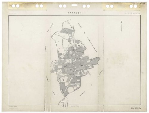 ARPAJON, plans minutes de conservation : tableau d'assemblage,1959, Ech. 1/5000 ; plans des sections AB, 1959, Ech. 1/2000, sections AC, AD, AE, AH, AI, AK, AL, 1959, Ech. 1/1000. Polyester. N et B. Dim. 105 x 80 cm [9 plans]. 