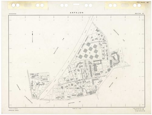 ARPAJON, plans minutes de conservation : tableau d'assemblage,1959, Ech. 1/5000 ; plans des sections AB, 1959, Ech. 1/2000, sections AC, AD, AE, AH, AI, AK, AL, 1959, Ech. 1/1000. Polyester. N et B. Dim. 105 x 80 cm [9 plans]. 