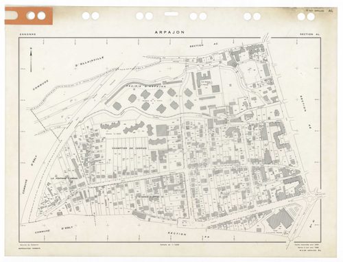 ARPAJON, plans minutes de conservation : tableau d'assemblage,1959, Ech. 1/5000 ; plans des sections AB, 1959, Ech. 1/2000, sections AC, AD, AE, AH, AI, AK, AL, 1959, Ech. 1/1000. Polyester. N et B. Dim. 105 x 80 cm [9 plans]. 