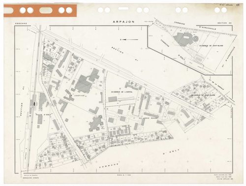 ARPAJON, plans minutes de conservation : tableau d'assemblage,1959, Ech. 1/5000 ; plans des sections AB, 1959, Ech. 1/2000, sections AC, AD, AE, AH, AI, AK, AL, 1959, Ech. 1/1000. Polyester. N et B. Dim. 105 x 80 cm [9 plans]. 