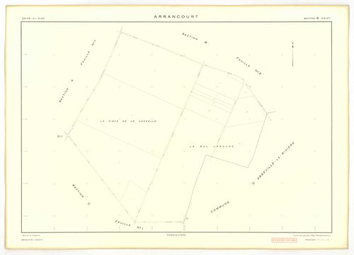 Plans minutes de conservation : ARRANCOURT : tableau d'assemblage, ech. 1/5000 (1952), sections A1, B1, B2, C1, C2, D1, D2, ech. 1/2000 (1952), sections A2, A3, B3, B4, ech. 1/1000 (1952), NB, papier, 105x80 [12 plans]. 
