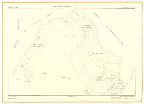 Plans minutes de conservation : ARRANCOURT : tableau d'assemblage, ech. 1/5000 (1952), sections A1, B1, B2, C1, C2, D1, D2, ech. 1/2000 (1952), sections A2, A3, B3, B4, ech. 1/1000 (1952), NB, papier, 105x80 [12 plans]. 