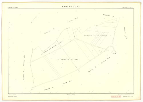 Plans minutes de conservation : ARRANCOURT : tableau d'assemblage, ech. 1/5000 (1952), sections A1, B1, B2, C1, C2, D1, D2, ech. 1/2000 (1952), sections A2, A3, B3, B4, ech. 1/1000 (1952), NB, papier, 105x80 [12 plans]. 