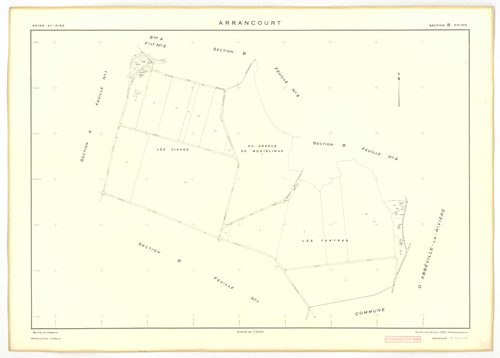 Plans minutes de conservation : ARRANCOURT : tableau d'assemblage, ech. 1/5000 (1952), sections A1, B1, B2, C1, C2, D1, D2, ech. 1/2000 (1952), sections A2, A3, B3, B4, ech. 1/1000 (1952), NB, papier, 105x80 [12 plans]. 