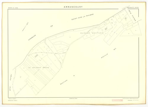 Plans minutes de conservation : ARRANCOURT : tableau d'assemblage, ech. 1/5000 (1952), sections A1, B1, B2, C1, C2, D1, D2, ech. 1/2000 (1952), sections A2, A3, B3, B4, ech. 1/1000 (1952), NB, papier, 105x80 [12 plans]. 