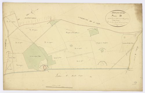 ARRANCOURT. - Section D - Grand Villiers (le) et Champlevras, ech. 1/2500, coul., aquarelle, papier, 67x105 (1831). 