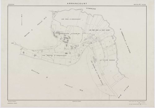 ARRANCOURT, plans minutes de conservation : tableau d'assemblage,1952, Ech. 1/5000 ; plans des sections A1, B1, B2, C1, C2, D1, D2, 1952, Ech. 1/2000, sections A2, A3, B3, B4, 1952, Ech. 1/1000, section ZA, 1999, Ech. 1/2000. Polyester. N et B. Dim. 105 x