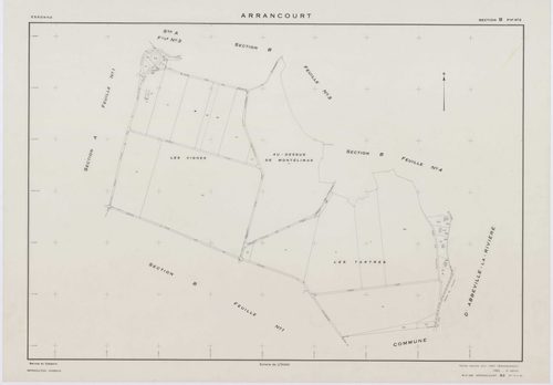ARRANCOURT, plans minutes de conservation : tableau d'assemblage,1952, Ech. 1/5000 ; plans des sections A1, B1, B2, C1, C2, D1, D2, 1952, Ech. 1/2000, sections A2, A3, B3, B4, 1952, Ech. 1/1000, section ZA, 1999, Ech. 1/2000. Polyester. N et B. Dim. 105 x