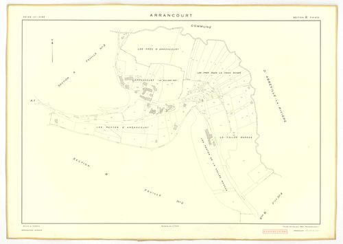 Plans minutes de conservation : ARRANCOURT : tableau d'assemblage, ech. 1/5000 (1952), sections A1, B1, B2, C1, C2, D1, D2, ech. 1/2000 (1952), sections A2, A3, B3, B4, ech. 1/1000 (1952), NB, papier, 105x80 [12 plans]. 