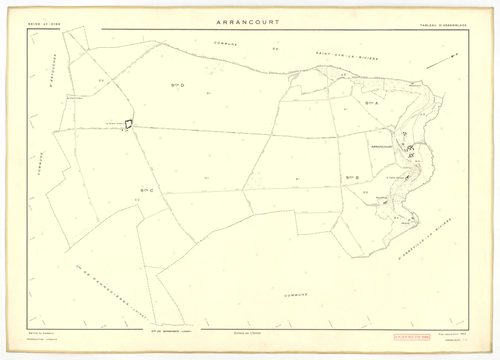 Plans minutes de conservation : ARRANCOURT : tableau d'assemblage, ech. 1/5000 (1952), sections A1, B1, B2, C1, C2, D1, D2, ech. 1/2000 (1952), sections A2, A3, B3, B4, ech. 1/1000 (1952), NB, papier, 105x80 [12 plans]. 