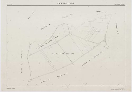 ARRANCOURT, plans minutes de conservation : tableau d'assemblage,1952, Ech. 1/5000 ; plans des sections A1, B1, B2, C1, C2, D1, D2, 1952, Ech. 1/2000, sections A2, A3, B3, B4, 1952, Ech. 1/1000, section ZA, 1999, Ech. 1/2000. Polyester. N et B. Dim. 105 x