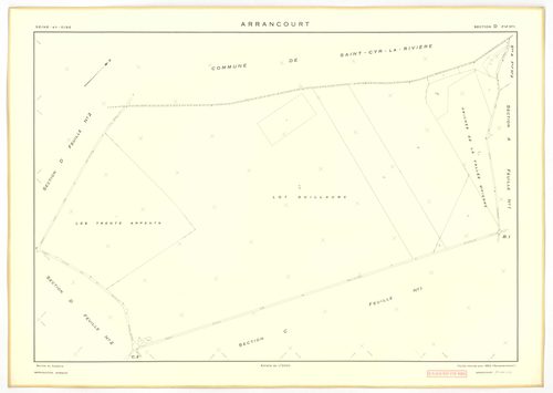 Plans minutes de conservation : ARRANCOURT : tableau d'assemblage, ech. 1/5000 (1952), sections A1, B1, B2, C1, C2, D1, D2, ech. 1/2000 (1952), sections A2, A3, B3, B4, ech. 1/1000 (1952), NB, papier, 105x80 [12 plans]. 
