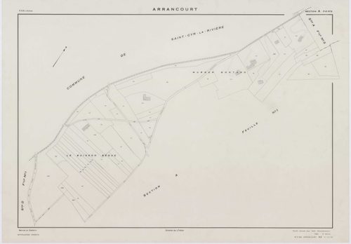 ARRANCOURT, plans minutes de conservation : tableau d'assemblage,1952, Ech. 1/5000 ; plans des sections A1, B1, B2, C1, C2, D1, D2, 1952, Ech. 1/2000, sections A2, A3, B3, B4, 1952, Ech. 1/1000, section ZA, 1999, Ech. 1/2000. Polyester. N et B. Dim. 105 x