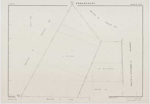 ARRANCOURT, plans minutes de conservation : tableau d'assemblage,1952, Ech. 1/5000 ; plans des sections A1, B1, B2, C1, C2, D1, D2, 1952, Ech. 1/2000, sections A2, A3, B3, B4, 1952, Ech. 1/1000, section ZA, 1999, Ech. 1/2000. Polyester. N et B. Dim. 105 x