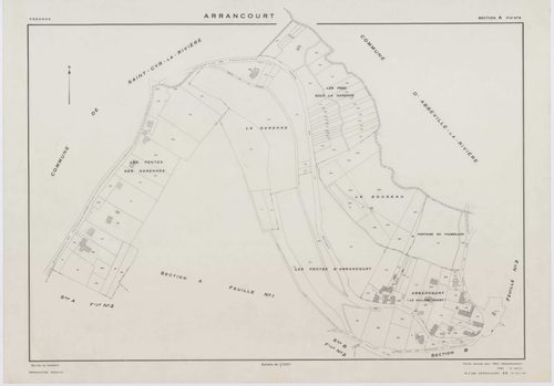 ARRANCOURT, plans minutes de conservation : tableau d'assemblage,1952, Ech. 1/5000 ; plans des sections A1, B1, B2, C1, C2, D1, D2, 1952, Ech. 1/2000, sections A2, A3, B3, B4, 1952, Ech. 1/1000, section ZA, 1999, Ech. 1/2000. Polyester. N et B. Dim. 105 x