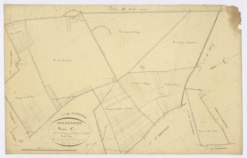 ARRANCOURT. - Section C - Château de la Rouge et Carrefour de Bunoux, ech. 1/2500, coul., aquarelle, papier, 66x104 (1831). 