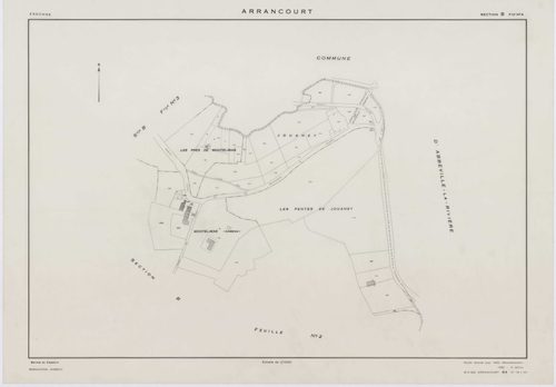ARRANCOURT, plans minutes de conservation : tableau d'assemblage,1952, Ech. 1/5000 ; plans des sections A1, B1, B2, C1, C2, D1, D2, 1952, Ech. 1/2000, sections A2, A3, B3, B4, 1952, Ech. 1/1000, section ZA, 1999, Ech. 1/2000. Polyester. N et B. Dim. 105 x