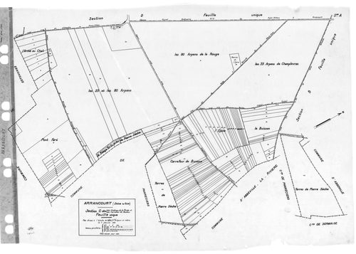 ARRANCOURT .- Cadastre révisé pour 1931 : plan du tableau d'assemblage, plans de la section A la Garenne d'Arrancourt, section B le Village et des Vignes, section C le Château de la Rouge et le Carrefour de Bunoux, section D le Grand Villiers et le Champl