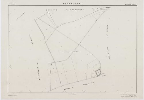 ARRANCOURT, plans minutes de conservation : tableau d'assemblage,1952, Ech. 1/5000 ; plans des sections A1, B1, B2, C1, C2, D1, D2, 1952, Ech. 1/2000, sections A2, A3, B3, B4, 1952, Ech. 1/1000, section ZA, 1999, Ech. 1/2000. Polyester. N et B. Dim. 105 x