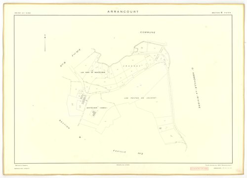 Plans minutes de conservation : ARRANCOURT : tableau d'assemblage, ech. 1/5000 (1952), sections A1, B1, B2, C1, C2, D1, D2, ech. 1/2000 (1952), sections A2, A3, B3, B4, ech. 1/1000 (1952), NB, papier, 105x80 [12 plans]. 