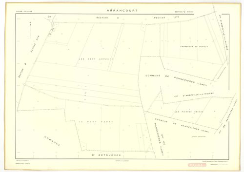 Plans minutes de conservation : ARRANCOURT : tableau d'assemblage, ech. 1/5000 (1952), sections A1, B1, B2, C1, C2, D1, D2, ech. 1/2000 (1952), sections A2, A3, B3, B4, ech. 1/1000 (1952), NB, papier, 105x80 [12 plans]. 