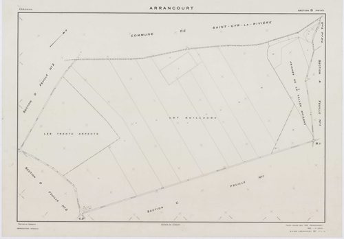 ARRANCOURT, plans minutes de conservation : tableau d'assemblage,1952, Ech. 1/5000 ; plans des sections A1, B1, B2, C1, C2, D1, D2, 1952, Ech. 1/2000, sections A2, A3, B3, B4, 1952, Ech. 1/1000, section ZA, 1999, Ech. 1/2000. Polyester. N et B. Dim. 105 x