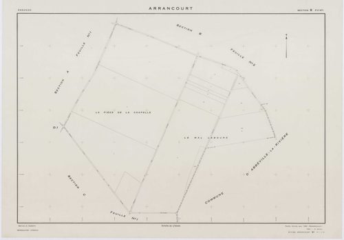 ARRANCOURT, plans minutes de conservation : tableau d'assemblage,1952, Ech. 1/5000 ; plans des sections A1, B1, B2, C1, C2, D1, D2, 1952, Ech. 1/2000, sections A2, A3, B3, B4, 1952, Ech. 1/1000, section ZA, 1999, Ech. 1/2000. Polyester. N et B. Dim. 105 x