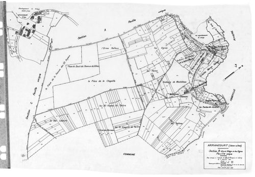 ARRANCOURT .- Cadastre révisé pour 1931 : plan du tableau d'assemblage, plans de la section A la Garenne d'Arrancourt, section B le Village et des Vignes, section C le Château de la Rouge et le Carrefour de Bunoux, section D le Grand Villiers et le Champl
