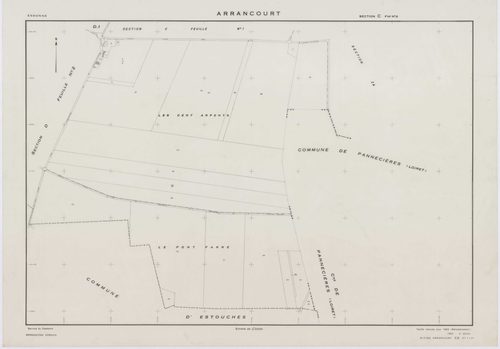 ARRANCOURT, plans minutes de conservation : tableau d'assemblage,1952, Ech. 1/5000 ; plans des sections A1, B1, B2, C1, C2, D1, D2, 1952, Ech. 1/2000, sections A2, A3, B3, B4, 1952, Ech. 1/1000, section ZA, 1999, Ech. 1/2000. Polyester. N et B. Dim. 105 x