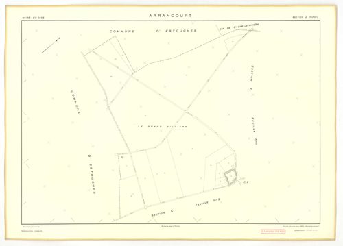 Plans minutes de conservation : ARRANCOURT : tableau d'assemblage, ech. 1/5000 (1952), sections A1, B1, B2, C1, C2, D1, D2, ech. 1/2000 (1952), sections A2, A3, B3, B4, ech. 1/1000 (1952), NB, papier, 105x80 [12 plans]. 