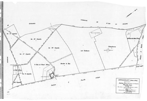 ARRANCOURT .- Cadastre révisé pour 1931 : plan du tableau d'assemblage, plans de la section A la Garenne d'Arrancourt, section B le Village et des Vignes, section C le Château de la Rouge et le Carrefour de Bunoux, section D le Grand Villiers et le Champl