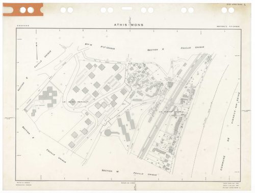 ATHIS-MONS, plans minutes de conservation : tableau d'assemblage,1954, Ech. 1/10000 ; plans des sections Au, 1954, Ech. 1/5000, sections Bu, Cu, Du, Eu, Hu, Iu, Ku, Lu, Mu, Nu, Ou, Pu, Su, Tu, Vu, Wu, Xu, Yu, Zu, AB, AC, R1, R2, 1954, Ech. 1/1000. Polyest
