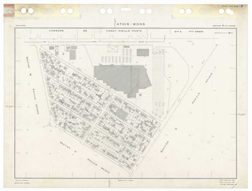 ATHIS-MONS, plans minutes de conservation : tableau d'assemblage,1954, Ech. 1/10000 ; plans des sections Au, 1954, Ech. 1/5000, sections Bu, Cu, Du, Eu, Hu, Iu, Ku, Lu, Mu, Nu, Ou, Pu, Su, Tu, Vu, Wu, Xu, Yu, Zu, AB, AC, R1, R2, 1954, Ech. 1/1000. Polyest