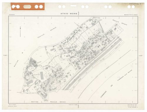 ATHIS-MONS, plans minutes de conservation : tableau d'assemblage,1954, Ech. 1/10000 ; plans des sections Au, 1954, Ech. 1/5000, sections Bu, Cu, Du, Eu, Hu, Iu, Ku, Lu, Mu, Nu, Ou, Pu, Su, Tu, Vu, Wu, Xu, Yu, Zu, AB, AC, R1, R2, 1954, Ech. 1/1000. Polyest