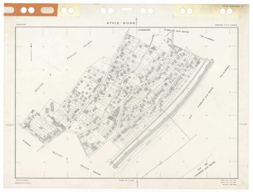 ATHIS-MONS, plans minutes de conservation : tableau d'assemblage,1954, Ech. 1/10000 ; plans des sections Au, 1954, Ech. 1/5000, sections Bu, Cu, Du, Eu, Hu, Iu, Ku, Lu, Mu, Nu, Ou, Pu, Su, Tu, Vu, Wu, Xu, Yu, Zu, AB, AC, R1, R2, 1954, Ech. 1/1000. Polyest