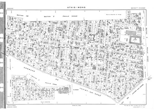 ATHIS-MONS .- Tirage de 1908 (23 feuilles numérotées de 1-23) ; plan d'ensemble d'Athis et Mons d'après l'ancien cadastre de 1812 ; tirage de 1933 plan du tableau d'assemblage ; tirage de 1934 (6 feuilles numérotées 12a, 12b, 15a, 15b, 15c, 18a) ; plan d'